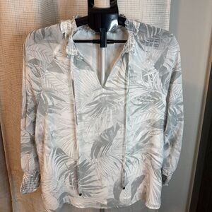 Calvin Klein Light Gray Leaf-Print V-Neck Tie Blouse